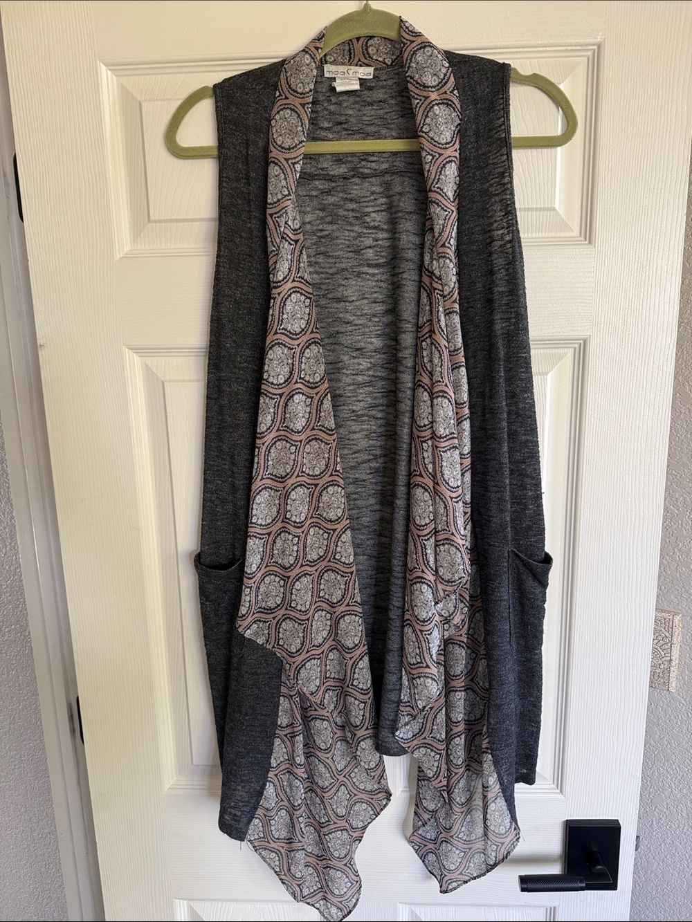 Moa Moa Charcoal Gray Sleeveless Draped Vest with Paisley Trim